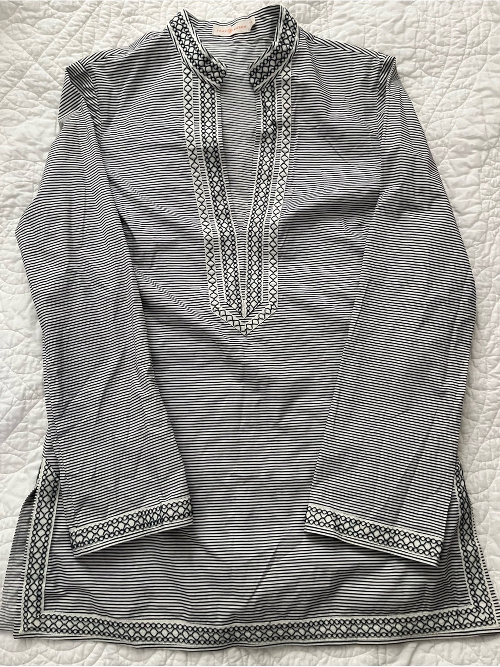Tory Burch Navy & White Striped Embroidered Collar Blouse Like New